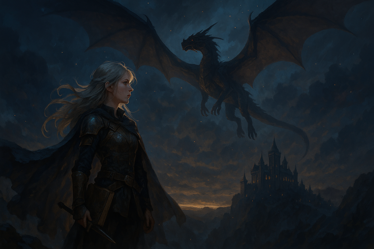 現実に疲れた夜に竜騎士の世界へ落ちていくような女性と竜を描いたファンタジー風イラスト