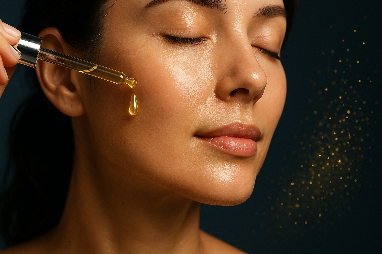 ハリッチプレミアムリッチプラスでハリ不足や乾燥に悩む大人肌をケアするイメージ。うるおいとツヤ感のあるフェイスラインのアップ写真。