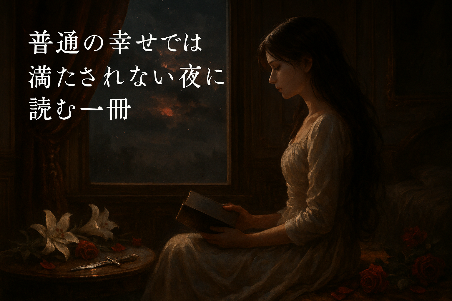普通の幸せでは満たされない夜をイメージした、窓辺に座る女性と白い百合と赤いバラが描かれたダークロマンタジー風イラスト