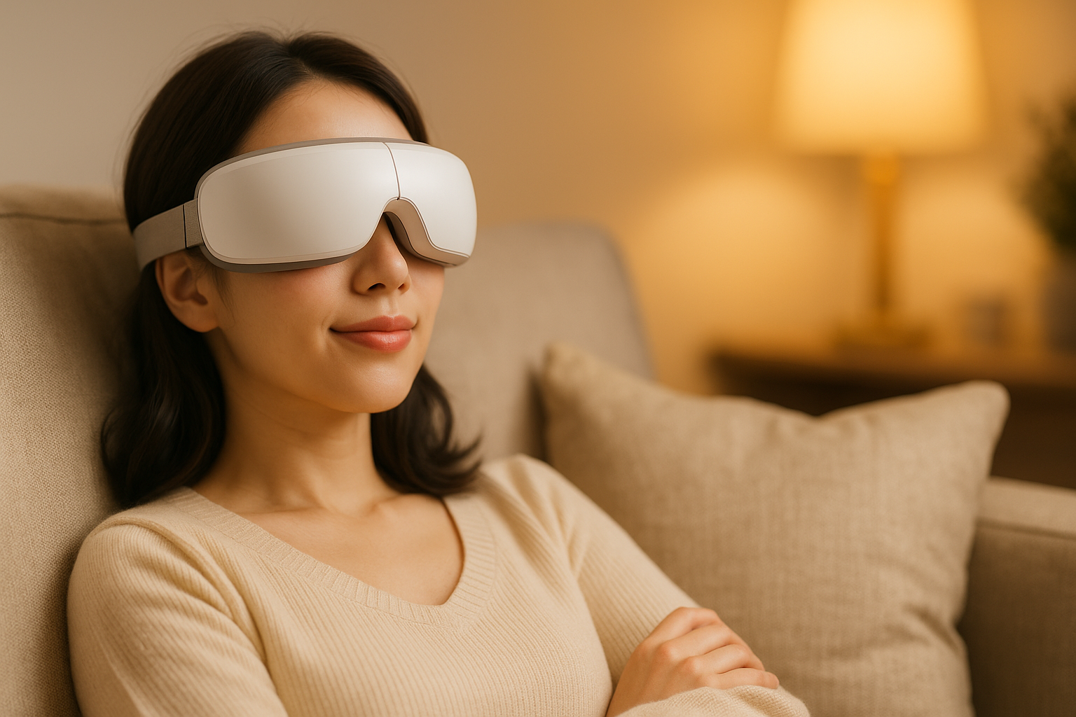 白いNIPLUX風アイマッサージャーで目元ケアをしながらソファでくつろぐ女性のイメージ画像