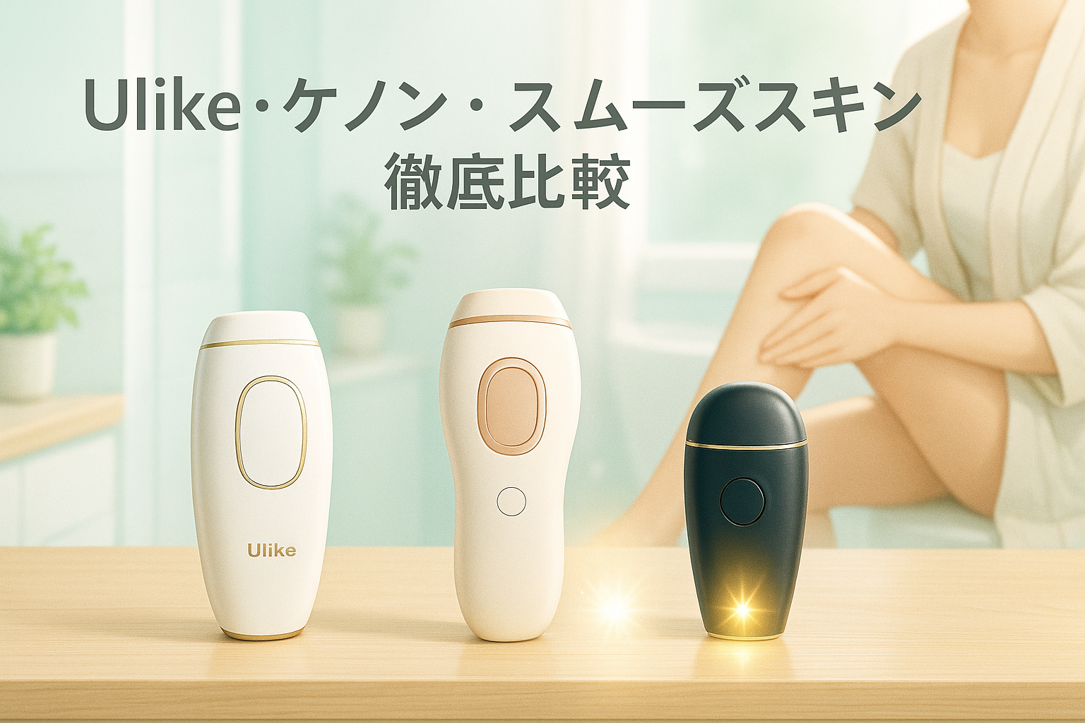 Ulike Air10・ケノン・スムーズスキンをイメージした家庭用脱毛器3台と、明るく清潔感のあるバスルームで肌を整える女性のイラスト