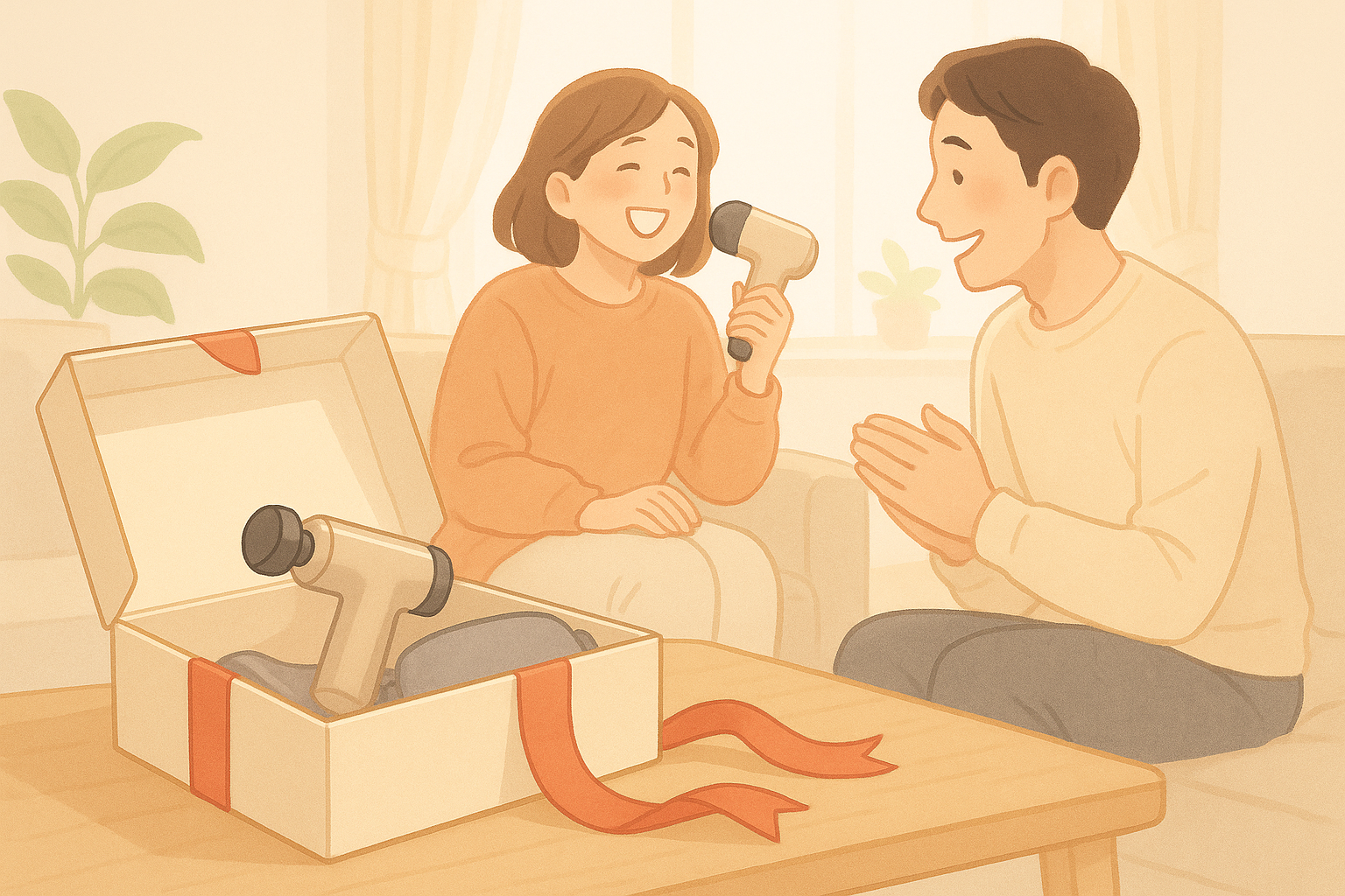 健康グッズのプレゼントを渡す家族のイラスト｜マッサージガンとアイマスクの健康ギフト