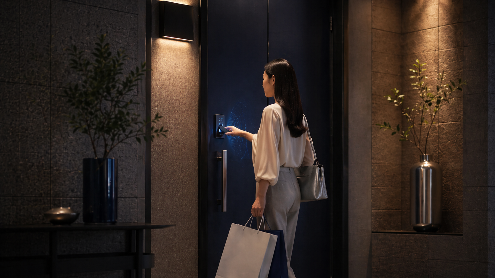 荷物で手がふさがった帰宅時にスマートロックで玄関をスムーズに解錠する近未来的な住空間イメージ