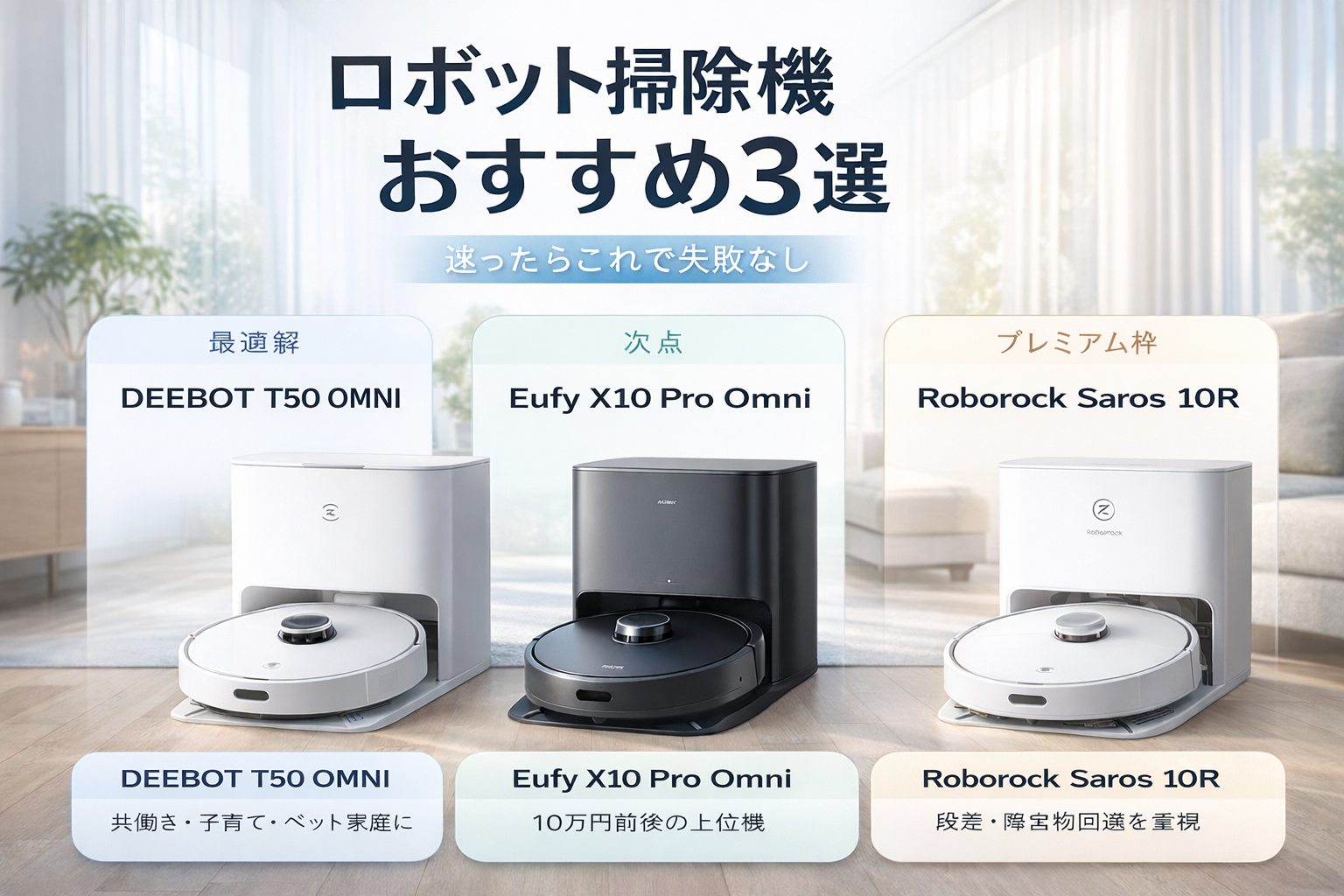 ロボット掃除機おすすめ3選を比較する記事のアイキャッチ画像