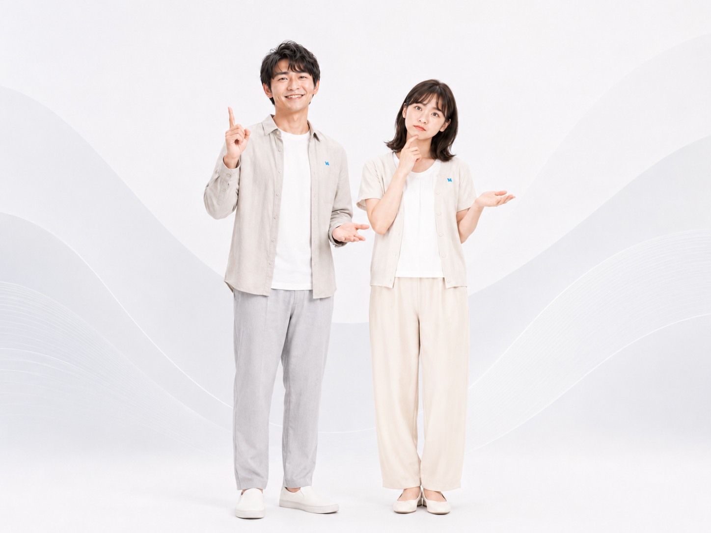 LeoとMiaが買う前の確認を案内するイメージ